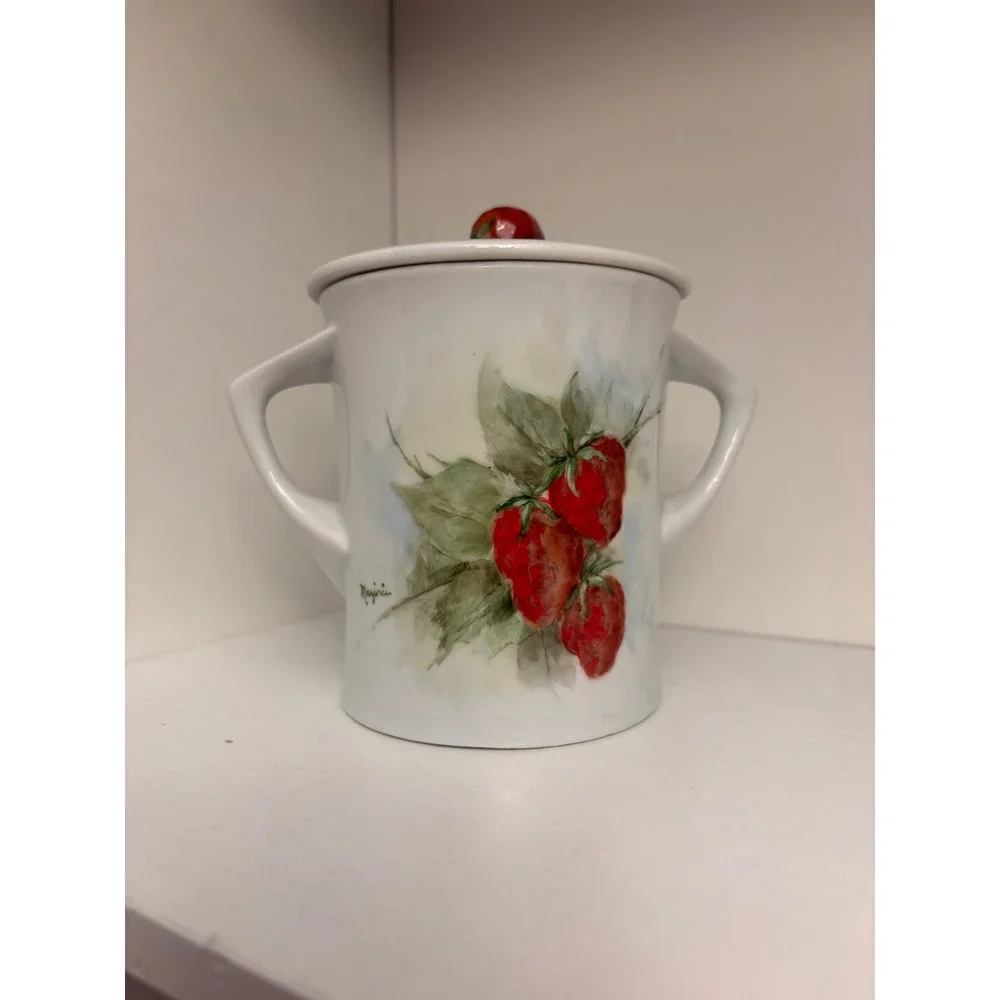 Vintage Hand Painted Strawberry Ceramic Sugar Bowl Jam Jar Signed Marjorie